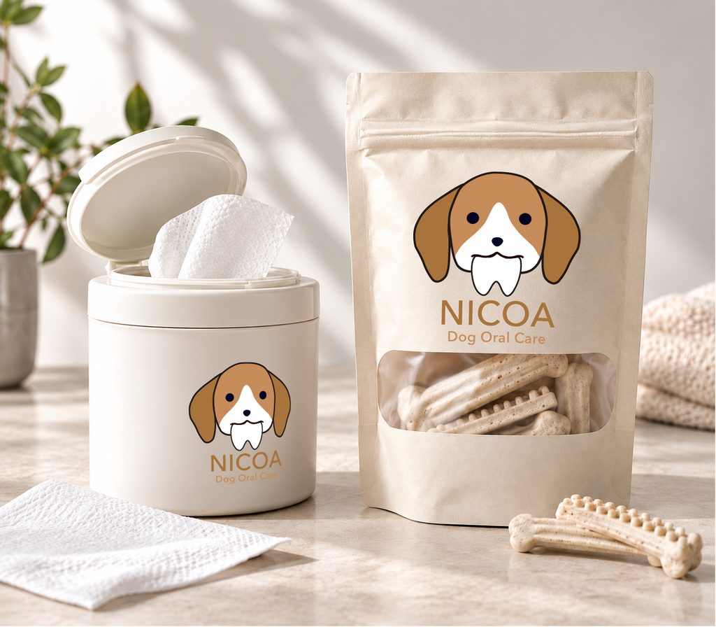 「NICOA 歯をくわえた犬のロゴを使用したデンタルケア商品のモックアップ」