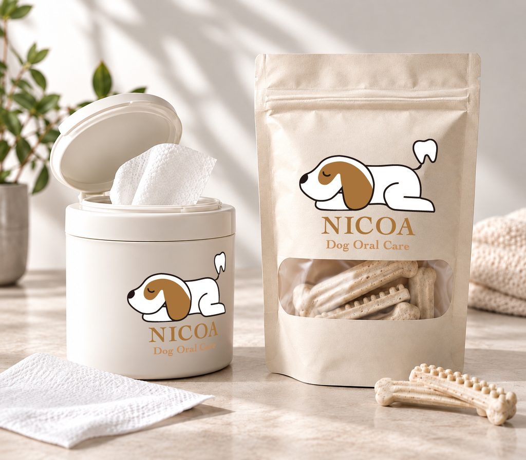 「NICOA 寝そべる犬のロゴを使用したデンタルケア商品のモックアップ」